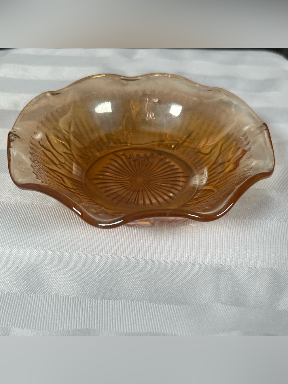 Jeanette Marigold Carnival Glass Iris & Herringbone Ruffled Scalloped Edge Bowl